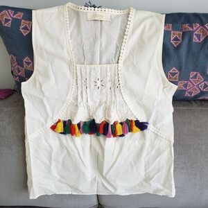 Embroidered White Top with Colorful Beaded Tassels